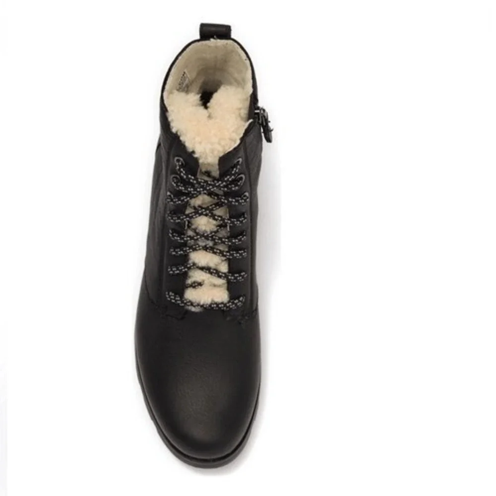 SOREL Emelie Genuine Shearling Lamb Fur Short Lace-Up Boot, Black, Size 8.5, NWT